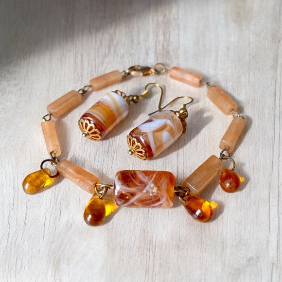 Handmade Peach Orange Marble Glass Citrine Bracelet and Pierced Dangly Earrings. - Picture 1 of 4